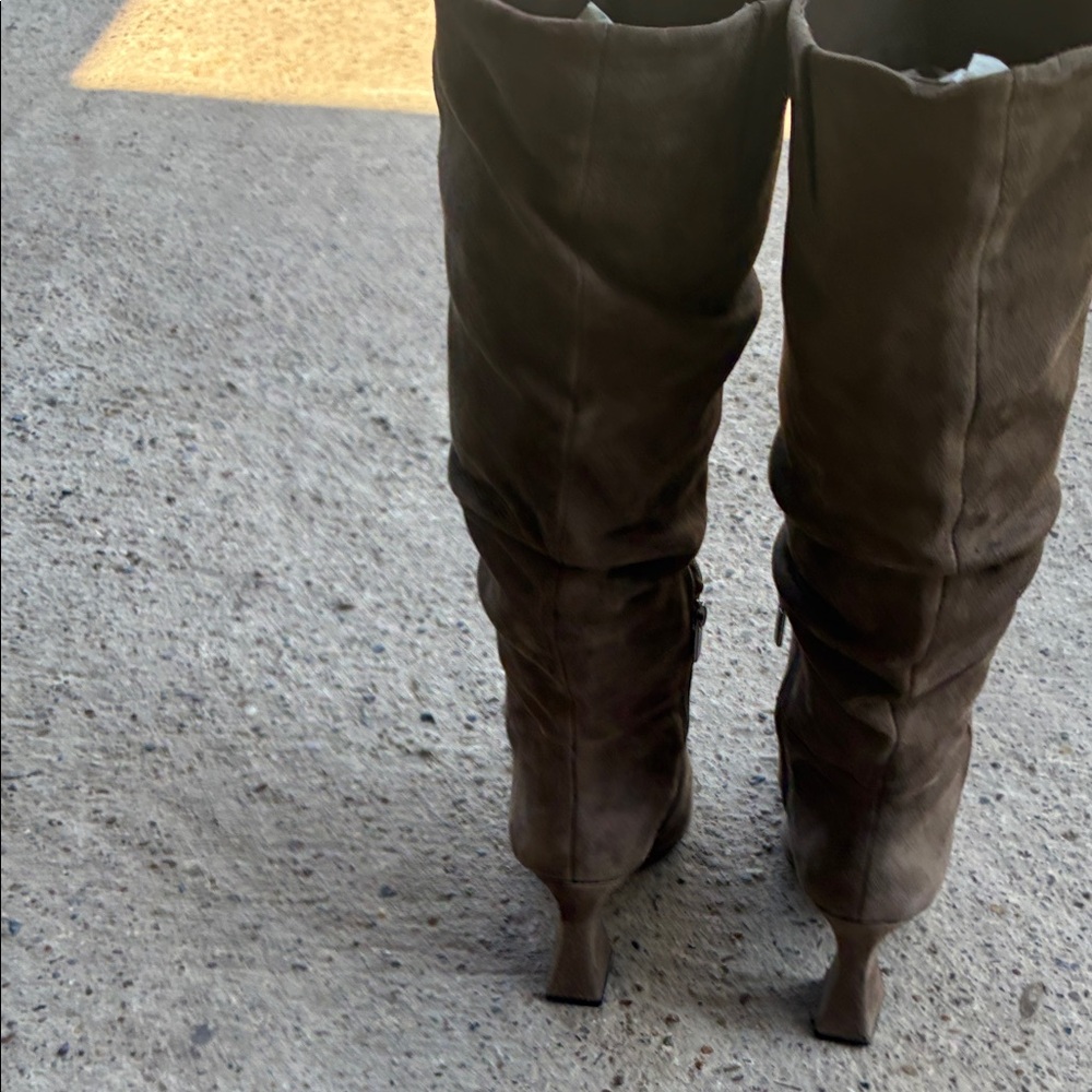 Vince Camuto Taupe Slouchy Pointed-Toe Suede Heeled Boots - Picture 6 of 14